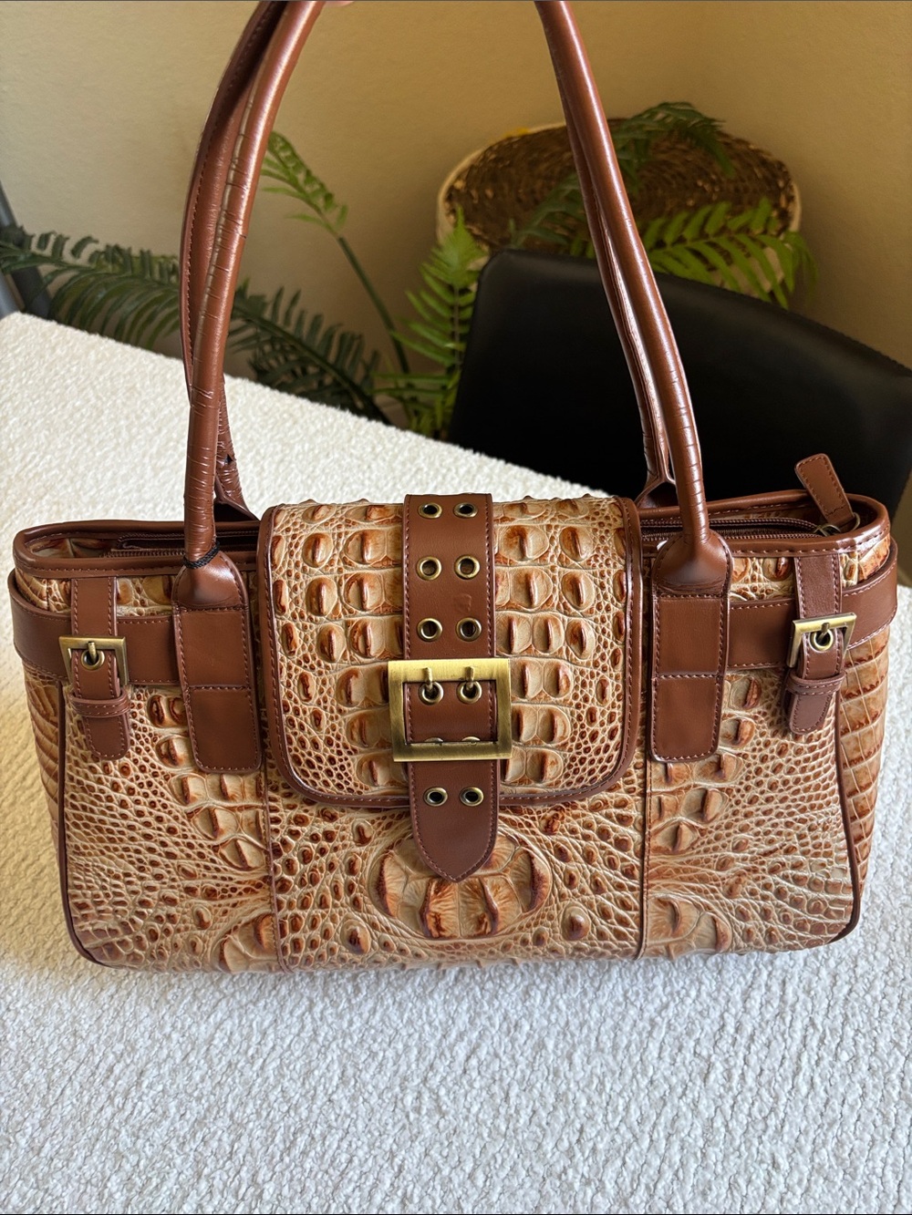 Croc-Embossed Brown Shoulder Bag with Gold Buckle